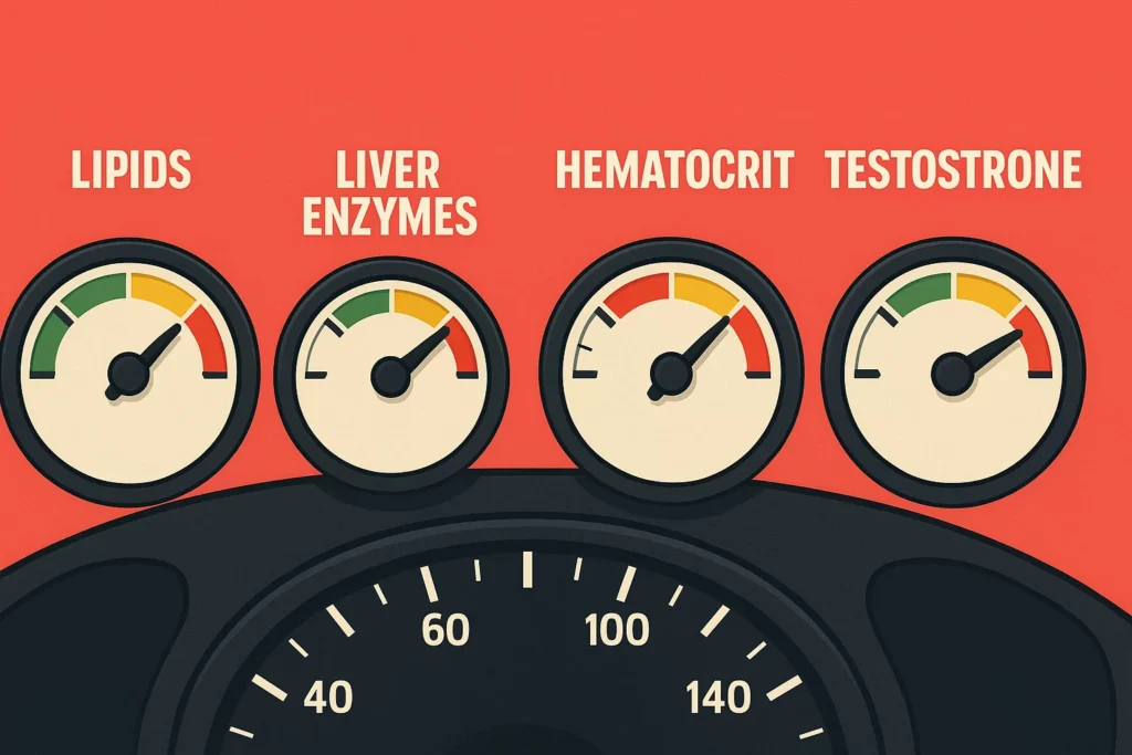 An infographic stylized like a car dashboard, with gauges labeled "Lipids," "Liver Enzymes," "Hematocrit," and "Testosterone."