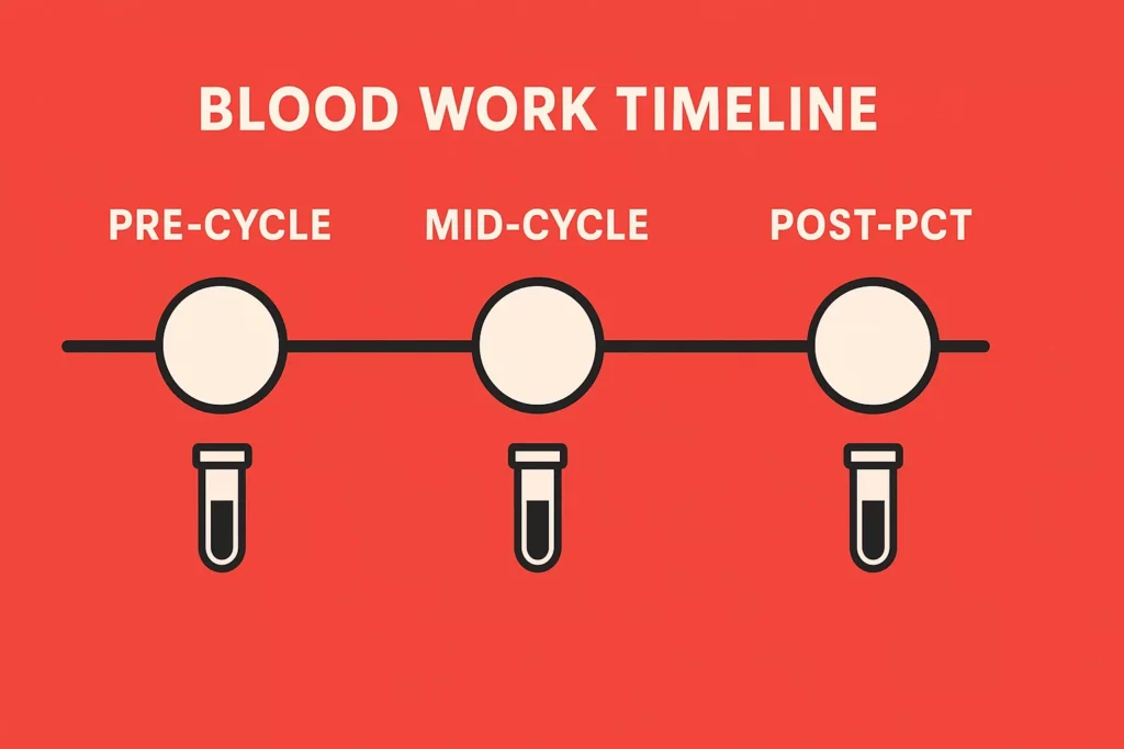 A simple timeline graphic showing markers for Pre-Cycle, Mid-Cycle, and Post-PCT blood test points.