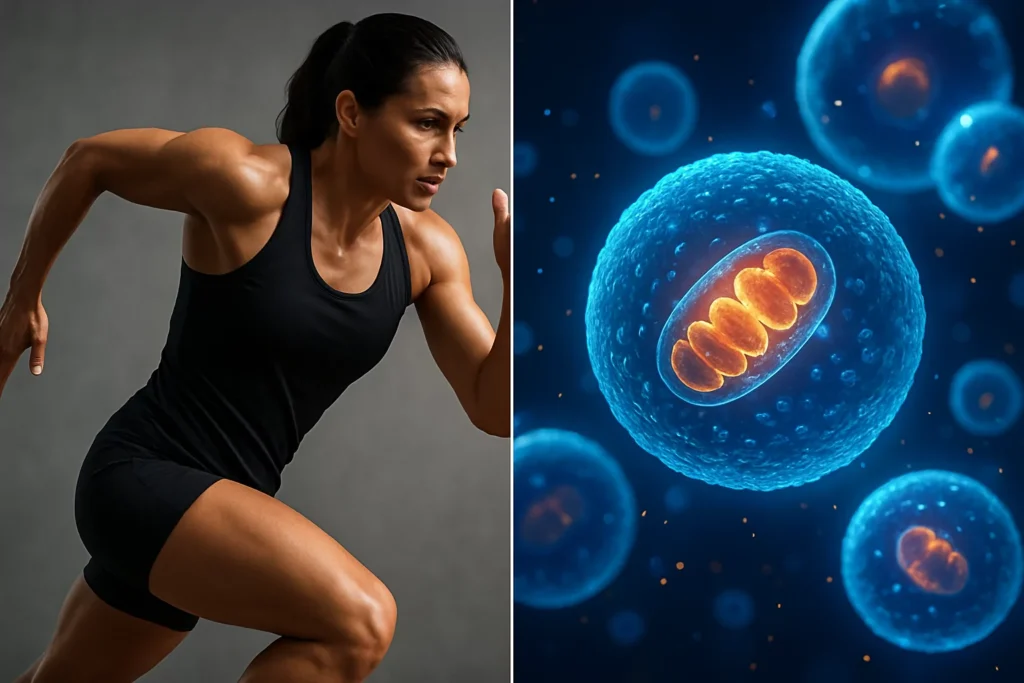 Conceptual split image comparing a bodybuilder's physique with a microscopic view of cellular health.