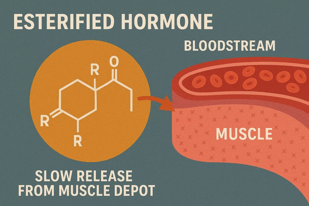 Conceptual illustration of an esterified hormone suspended in oil, slowly releasing from a muscle depot into the bloodstream.