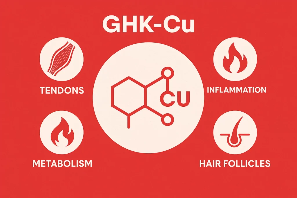 Infographic detailing GHK-Cu benefits for athlete recovery, joints, metabolism, and hair.