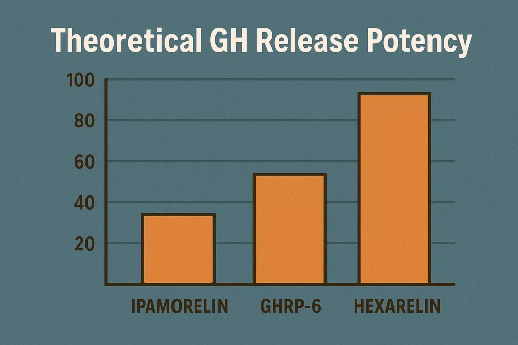 Bar chart comparing the theoretical GH release potency of Ipamorelin, GHRP-6, and Hexarelin