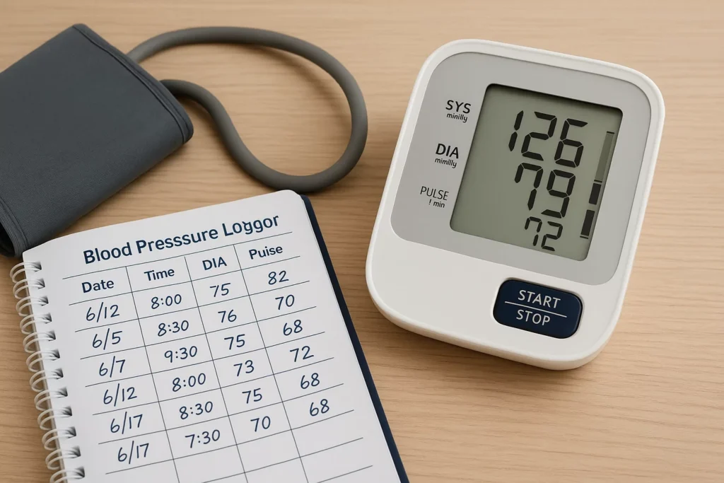 A photo of a home blood pressure monitor and a logbook with recorded readings.