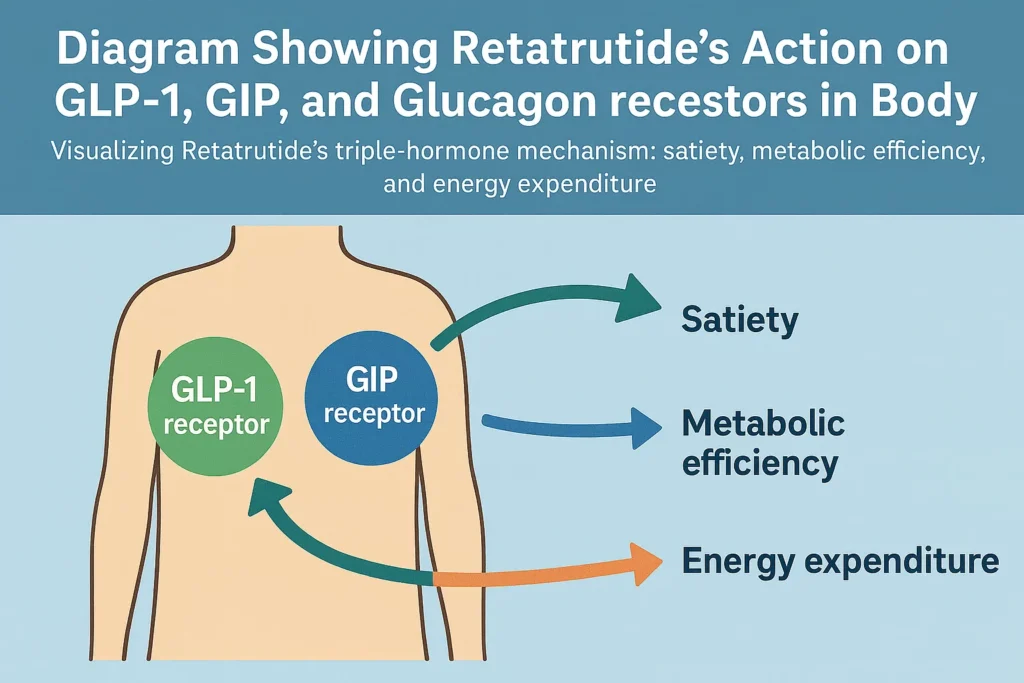 Diagram showing Retatrutide's action on GLP-1, GIP, and Glucagon receptors in the body