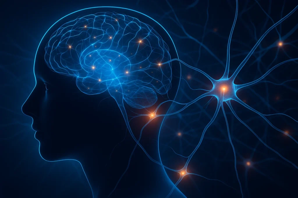 Glowing visualization of a neural network with connections activating, representing cognitive enhancement.