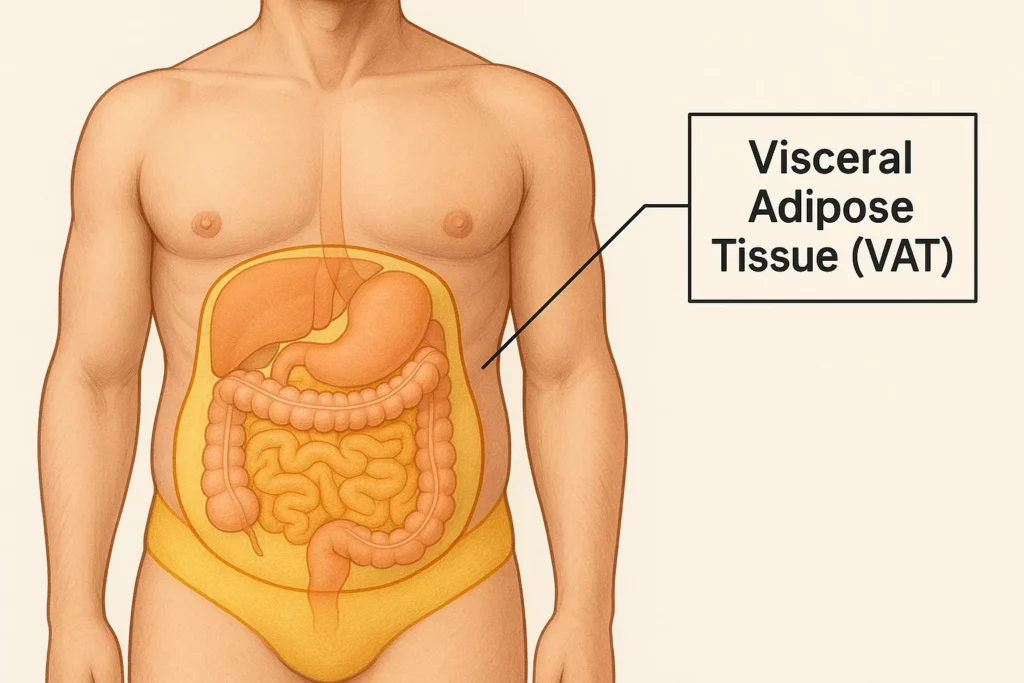 Anatomical diagram highlighting visceral belly fat surrounding internal organs.