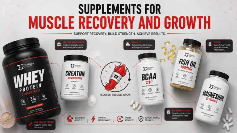 Supplements for Muscle Recovery and Growth: A Natural Approach Guide to muscle recovery supplements showing whey protein, creatine, BCAAs, omega-3 fish oil, and magnesium capsules arranged around a muscle recovery icon.